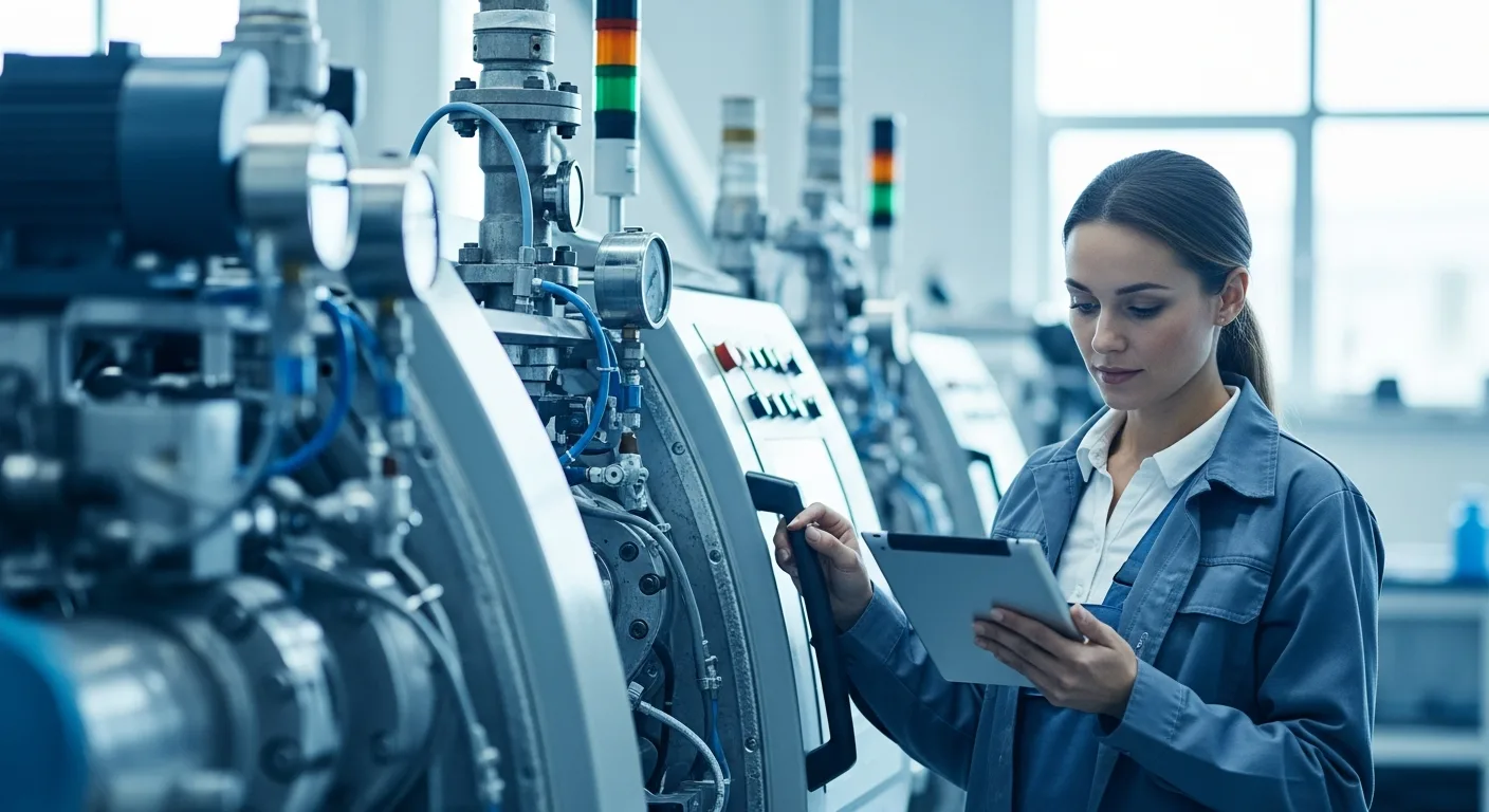 Servicetechniker prüft eine Anlage mit dem Tablet, der Berater begleitet, Konzeptvisualisierung