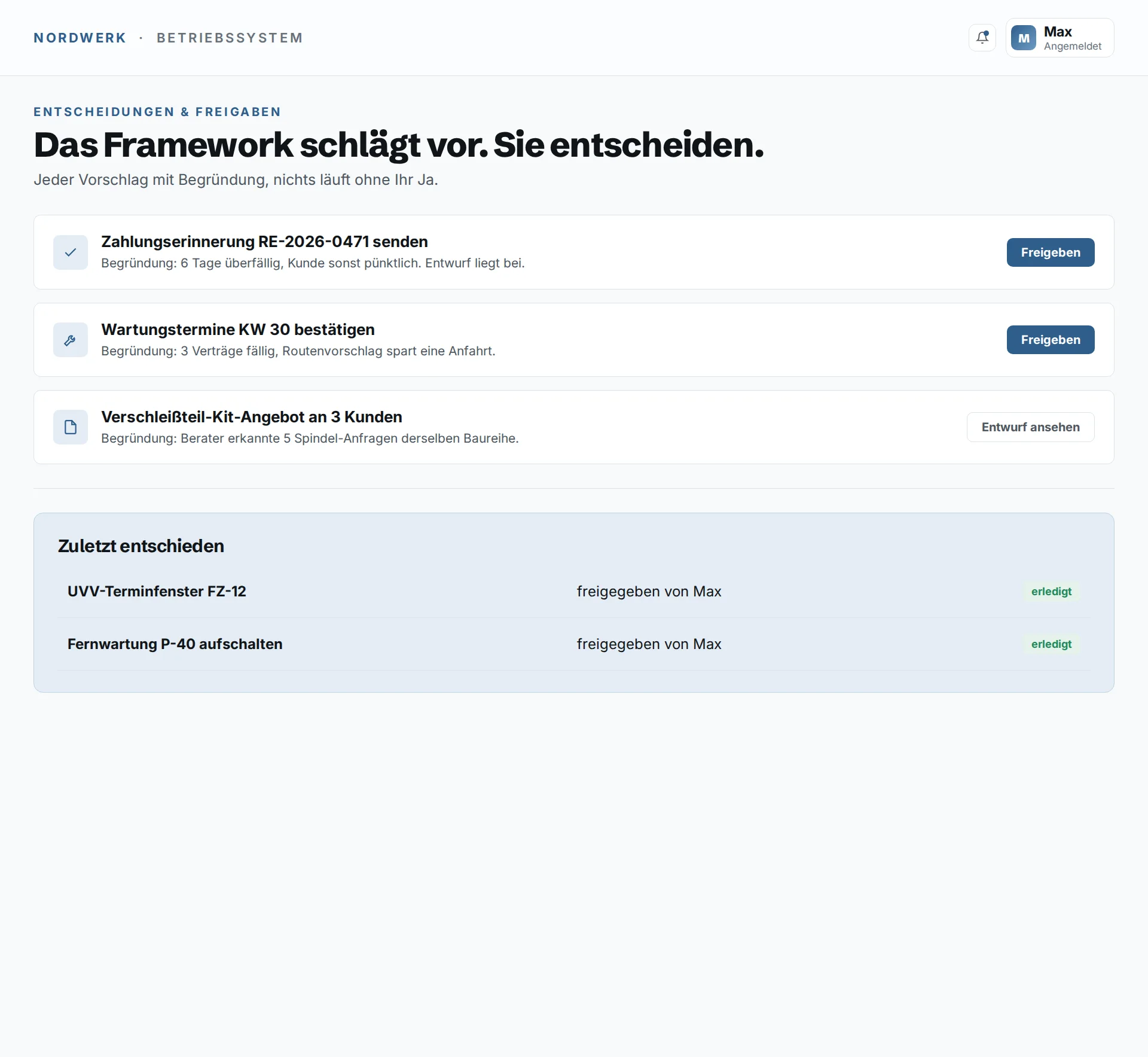 Betriebssystem, Das Framework denkt mit, Sie entscheiden. Beispieldaten.