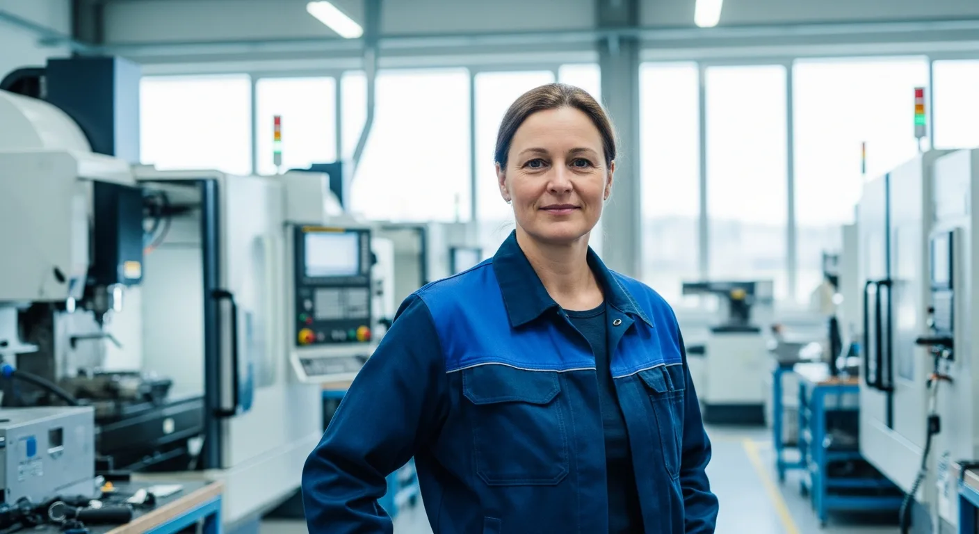 Ingenieurin in einer modernen Werkhalle eines Mittelstandsbetriebs, Konzeptvisualisierung